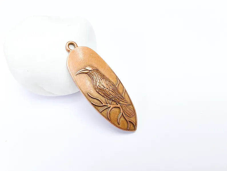 Raven Charm Pendant, Gothic Boho Charm, Nature Earring Charm, Mystical Bird, Necklace Parts, Antique Copper Plated Zamac 53x20mm G36638