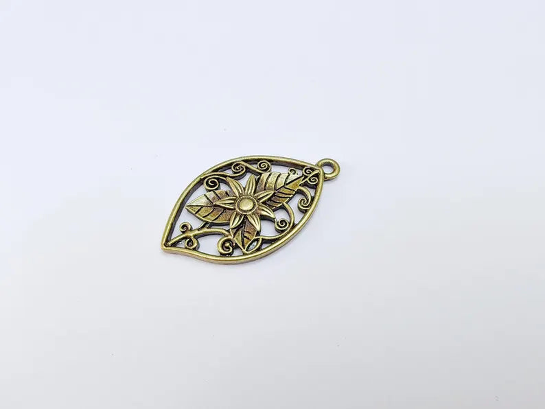 Floral Filigree Pendant, Boho Leaf and Flower Charm, Rustic Nature Earring Charm, Antique Bronze Plated Pendant 44x25mm G36641