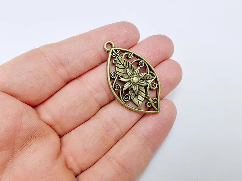 Floral Filigree Pendant, Boho Leaf and Flower Charm, Rustic Nature Earring Charm, Antique Bronze Plated Pendant 44x25mm G36641