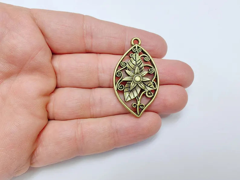 Floral Filigree Pendant, Boho Leaf and Flower Charm, Rustic Nature Earring Charm, Antique Bronze Plated Pendant 44x25mm G36641