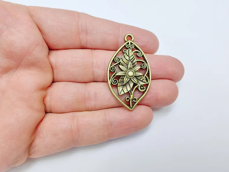 Floral Filigree Pendant, Boho Leaf and Flower Charm, Rustic Nature Earring Charm, Antique Bronze Plated Pendant 44x25mm G36641