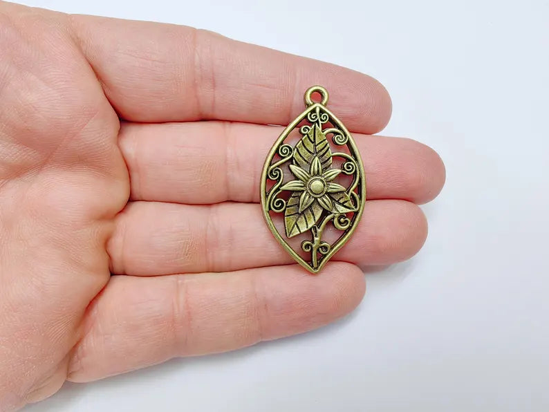 Floral Filigree Pendant, Boho Leaf and Flower Charm, Rustic Nature Earring Charm, Antique Bronze Plated Pendant 44x25mm G36641