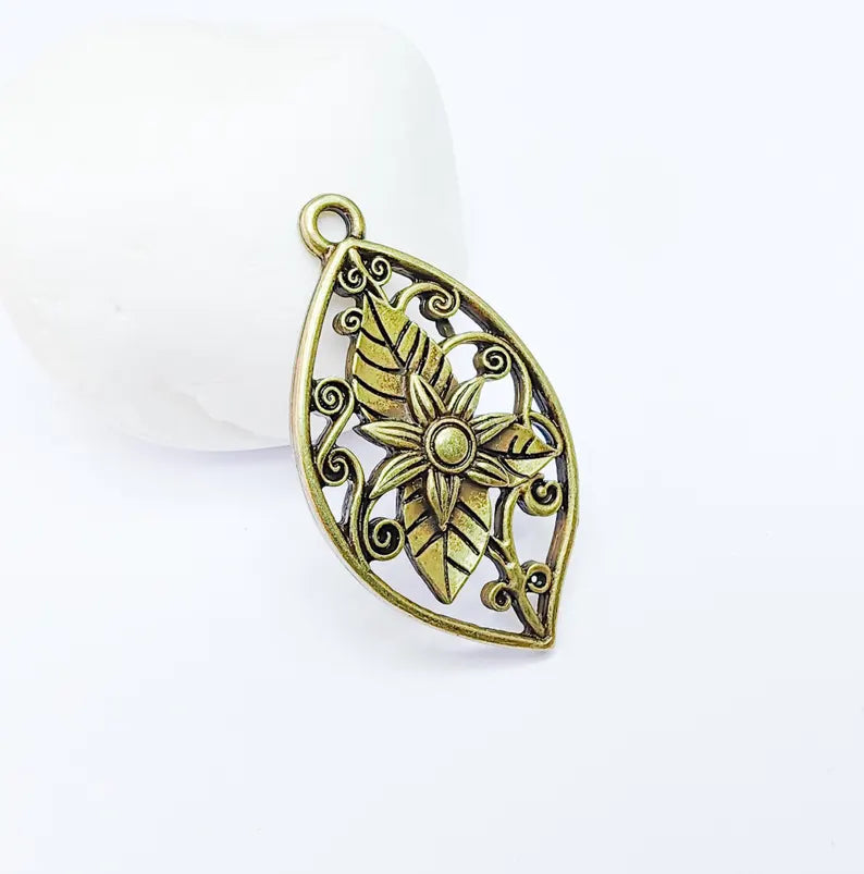 Floral Filigree Pendant, Boho Leaf and Flower Charm, Rustic Nature Earring Charm, Antique Bronze Plated Pendant 44x25mm G36641