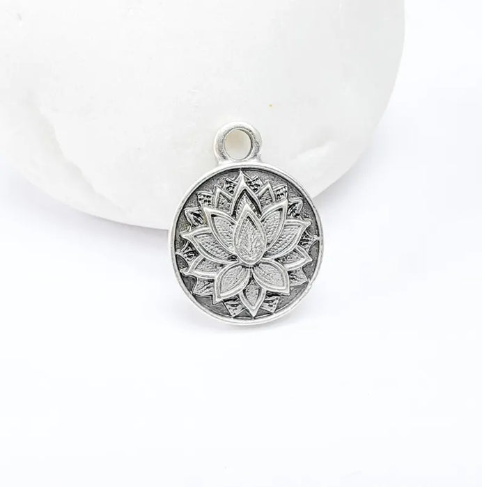 4 Lotus Flower Charms, Boho Charms, Earring Charms, Silver Dangle Pendant, Necklace Parts, Antique Silver Plated 19x15mm G36594