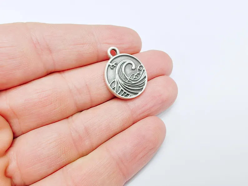 Ocean Wave Charm Pendant, Nautical Sea Life Charm, Beach Boho Earring Charms, Dangle Pendant, Antique Silver Plated Zamac 24x20mm G36596