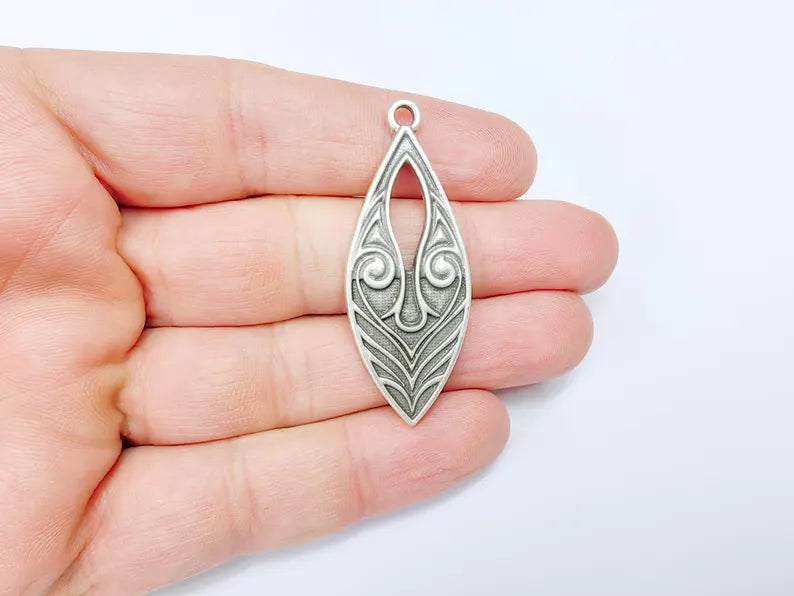 Elegant Scrollwork Pendant, Boho Charms, Earring Charms, Silver Dangle Pendant, Necklace Parts, Antique Silver Plated Zamac 51x20mm G36598