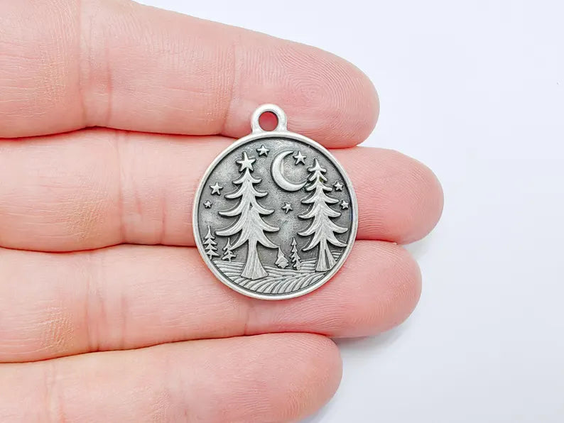 Pine Tree Forest Crescent Charms, Nature Pendant, Boho Earring Charm, Dangle Pendant, Necklace Part, Antique Silver Plated 30x26mm G36599