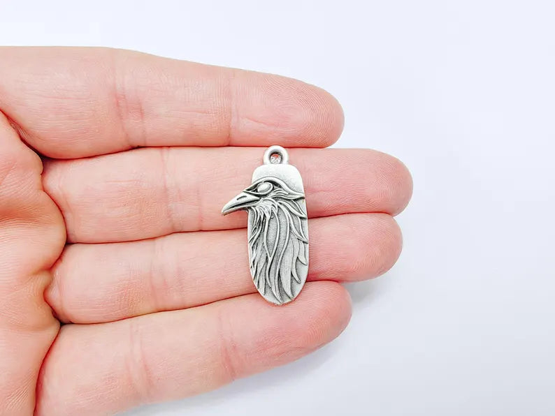 2 Raven Charm Pendant, Gothic Boho Charm, Nature Earring Charm, Mystical Crow Bird, Necklace Parts, Antique Silver Plated Zamac 32x17mm G36600