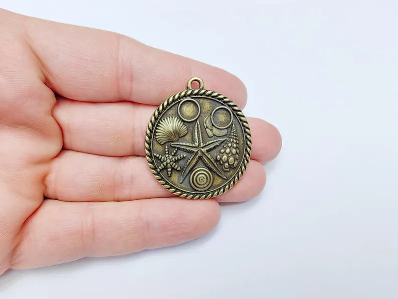 Ocean Medallion Pendant, Nautical Sea Life Charm, Beach Boho Earring Charms, Dangle Pendant, Antique Bronze Plated Zamac 42x37mm G36645