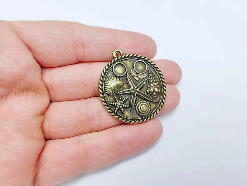 Ocean Medallion Pendant, Nautical Sea Life Charm, Beach Boho Earring Charms, Dangle Pendant, Antique Bronze Plated Zamac 42x37mm G36645