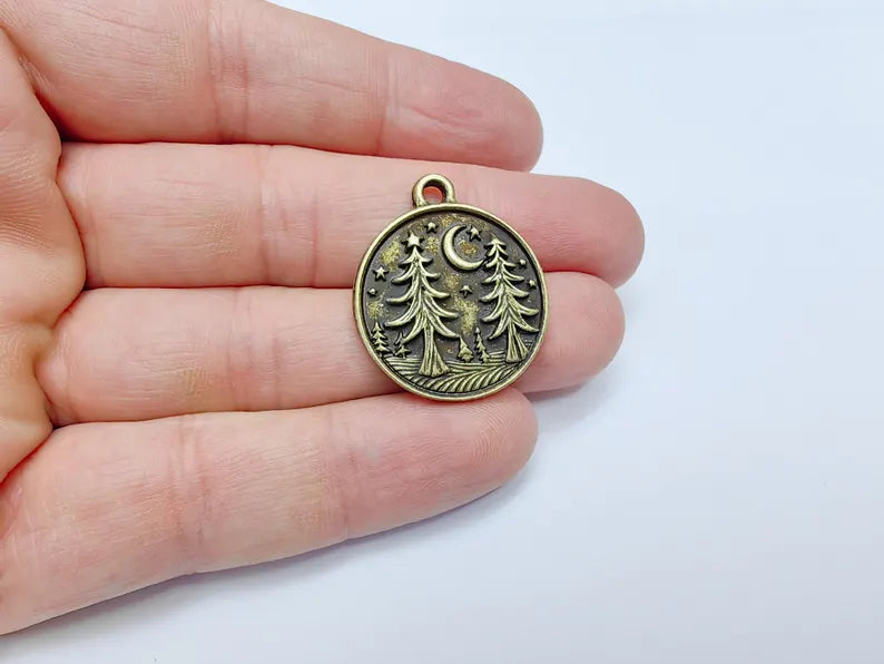 Pine Tree Forest Crescent Charms, Nature Pendant, Boho Earring Charm, Dangle Pendant, Necklace Part, Antique Bronze Plated 30x26mm G36649