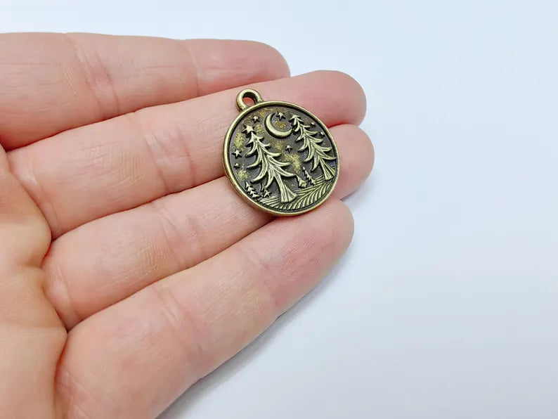 Pine Tree Forest Crescent Charms, Nature Pendant, Boho Earring Charm, Dangle Pendant, Necklace Part, Antique Bronze Plated 30x26mm G36649