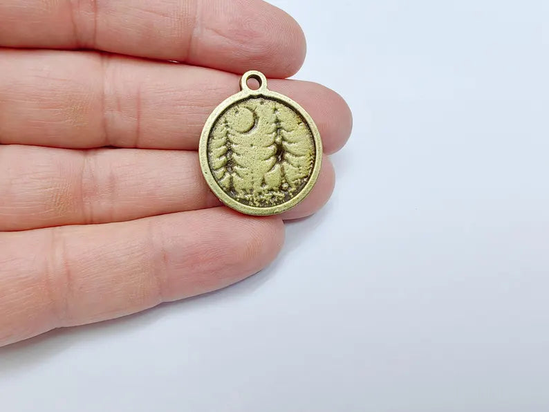 Pine Tree Forest Crescent Charms, Nature Pendant, Boho Earring Charm, Dangle Pendant, Necklace Part, Antique Bronze Plated 30x26mm G36649