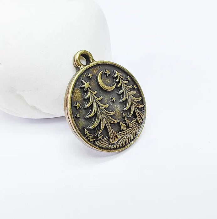 Pine Tree Forest Crescent Charms, Nature Pendant, Boho Earring Charm, Dangle Pendant, Necklace Part, Antique Bronze Plated 30x26mm G36649