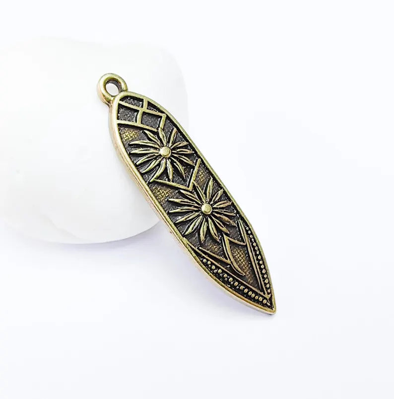 Bohemian Abstract Stars Charm Pendant, Flower Earring Charms, Dangle Pendant, Necklace Parts, Antique Bronze Plated Zamac 53x14mm G36651