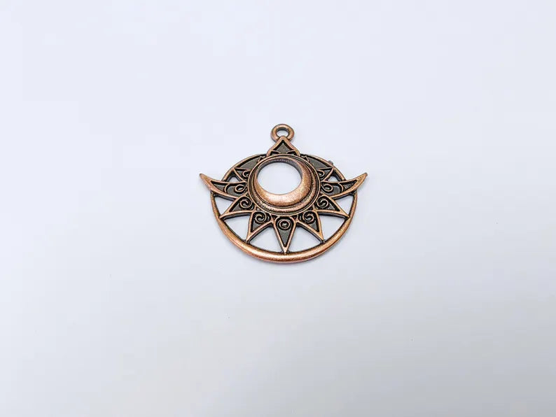 Bohemian Celestial Charm, Tuareg Charm, Sun and Moon Pendant, Gothic Pendant, Earring Charm, Antique Copper Plated Zamac 38x36mm G36653