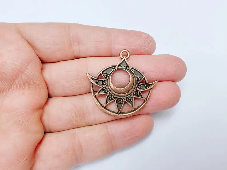 Bohemian Celestial Charm, Tuareg Charm, Sun and Moon Pendant, Gothic Pendant, Earring Charm, Antique Copper Plated Zamac 38x36mm G36653