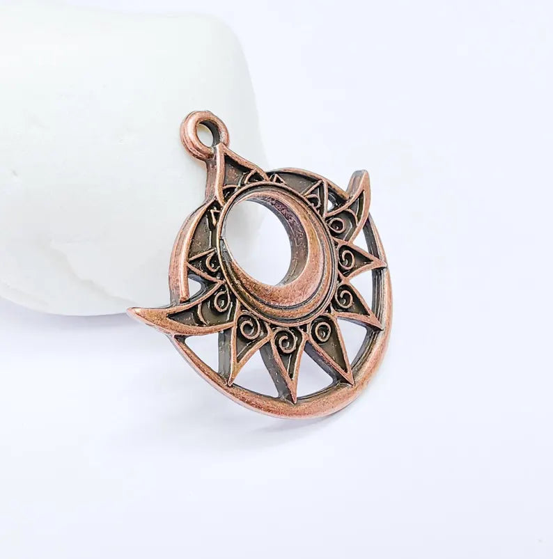 Bohemian Celestial Charm, Tuareg Charm, Sun and Moon Pendant, Gothic Pendant, Earring Charm, Antique Copper Plated Zamac 38x36mm G36653