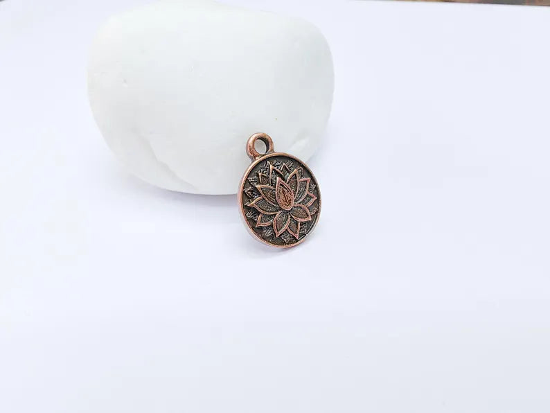 Lotus Flower Charms, Boho Charms, Earring Charms, Copper Dangle Pendant, Necklace Parts, Antique Copper Plated 19x15mm G36656