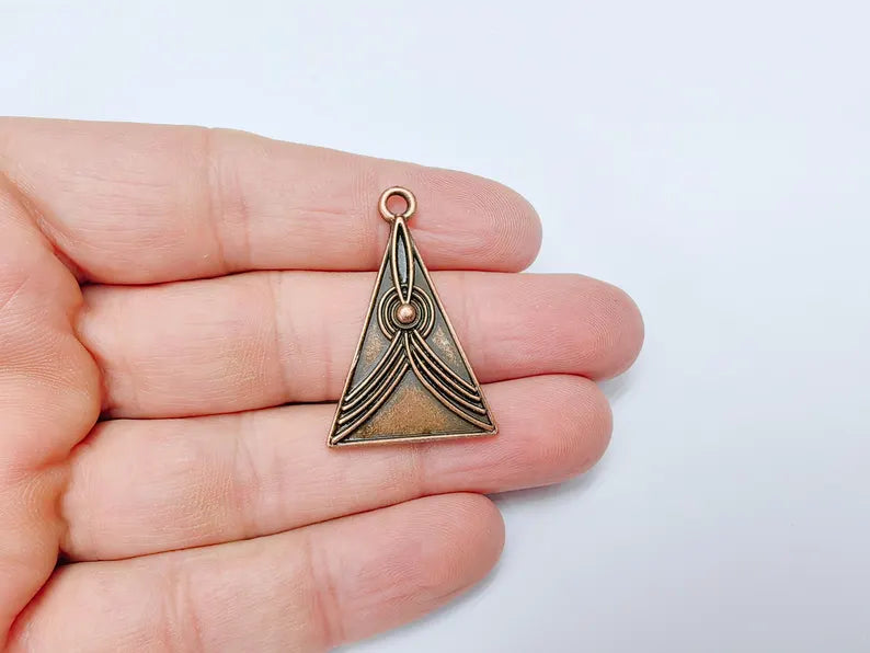 Abstract Lines Triangle Charm Pendant, Boho Charm, Modern Lines Earring Charm, Necklace Parts, Antique Copper Plated Zamac 37x24mm G36659