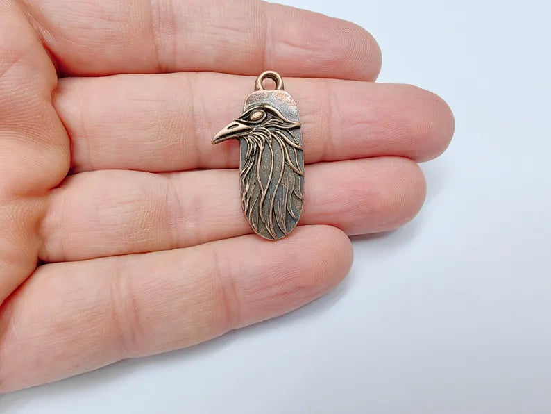 2 Raven Charm Pendant, Gothic Boho Charm, Nature Earring Charm, Mystical Crow Bird, Necklace Parts, Antique Copper Plated 32x17mm G36660