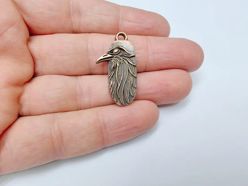 2 Raven Charm Pendant, Gothic Boho Charm, Nature Earring Charm, Mystical Crow Bird, Necklace Parts, Antique Copper Plated 32x17mm G36660