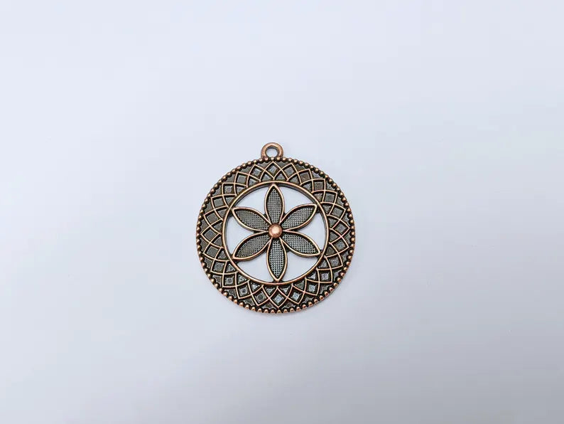 Flower Pendant Charm, Bohemian Flower Pendant, Locket Pendant, Earring Charms, Antique Copper Plated 43x38mm G36662