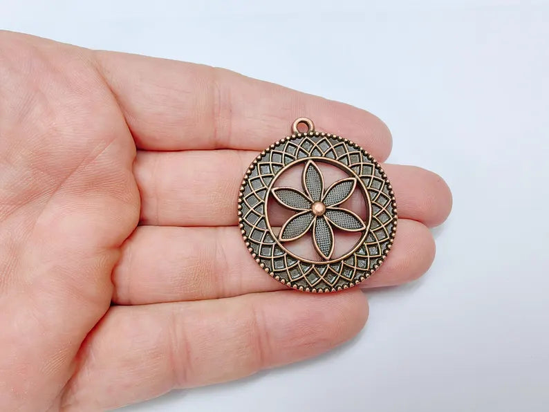 Flower Pendant Charm, Bohemian Flower Pendant, Locket Pendant, Earring Charms, Antique Copper Plated 43x38mm G36662