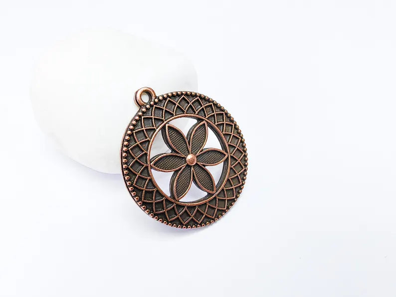 Flower Pendant Charm, Bohemian Flower Pendant, Locket Pendant, Earring Charms, Antique Copper Plated 43x38mm G36662