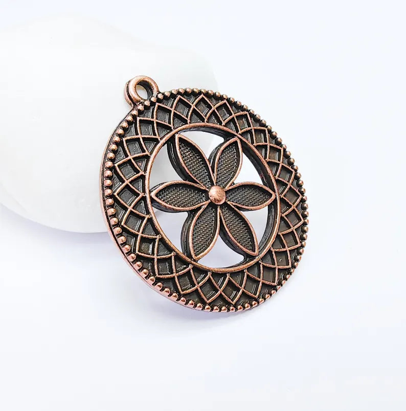 Flower Pendant Charm, Bohemian Flower Pendant, Locket Pendant, Earring Charms, Antique Copper Plated 43x38mm G36662