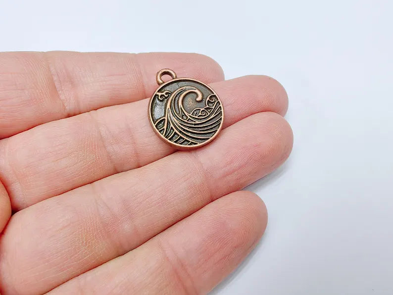 Ocean Wave Charm Pendant, Nautical Sea Life Charm, Beach Boho Earring Charms, Dangle Pendant, Antique Copper Plated Zamac 24x20mm G36664