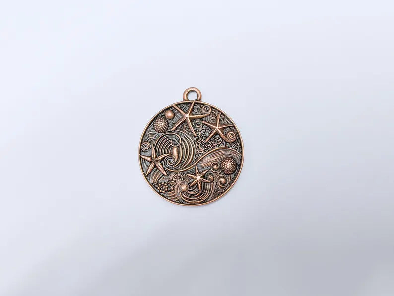 Ocean Dream Pendant, Nautical Sea Life Charm, Beach Boho Earring Charms, Dangle Pendant, Antique Copper Plated Zamac 39x34mm G36665