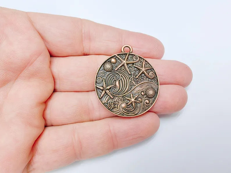 Ocean Dream Pendant, Nautical Sea Life Charm, Beach Boho Earring Charms, Dangle Pendant, Antique Copper Plated Zamac 39x34mm G36665