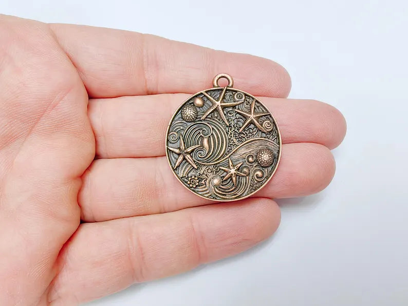 Ocean Dream Pendant, Nautical Sea Life Charm, Beach Boho Earring Charms, Dangle Pendant, Antique Copper Plated Zamac 39x34mm G36665