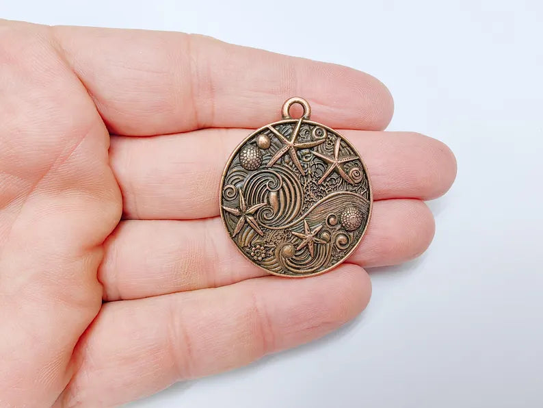 Ocean Dream Pendant, Nautical Sea Life Charm, Beach Boho Earring Charms, Dangle Pendant, Antique Copper Plated Zamac 39x34mm G36665