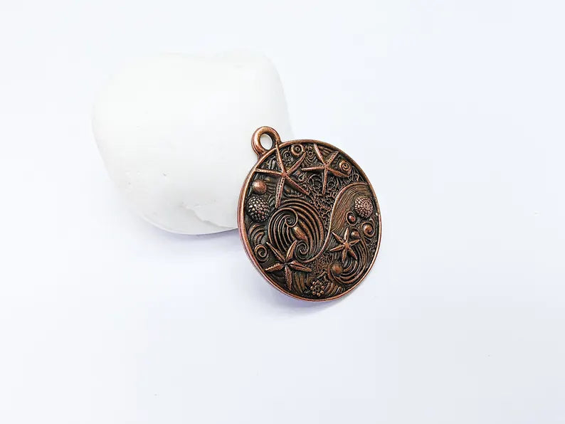 Ocean Dream Pendant, Nautical Sea Life Charm, Beach Boho Earring Charms, Dangle Pendant, Antique Copper Plated Zamac 39x34mm G36665