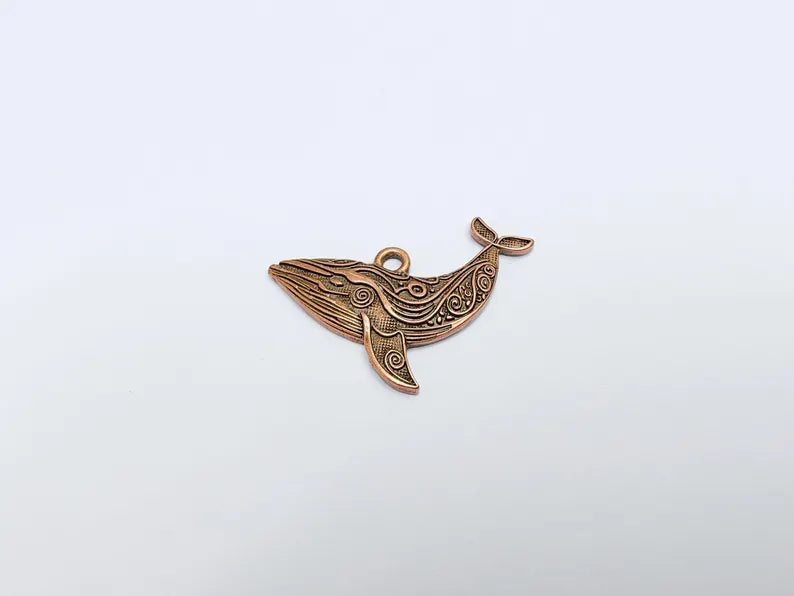 Whale Charm, Whale Pendant, Nautical Boho Charm, Earring Charms, Ocean Dangle Pendant, Mystic Whale, Antique Copper Plated 40x24mm G36667