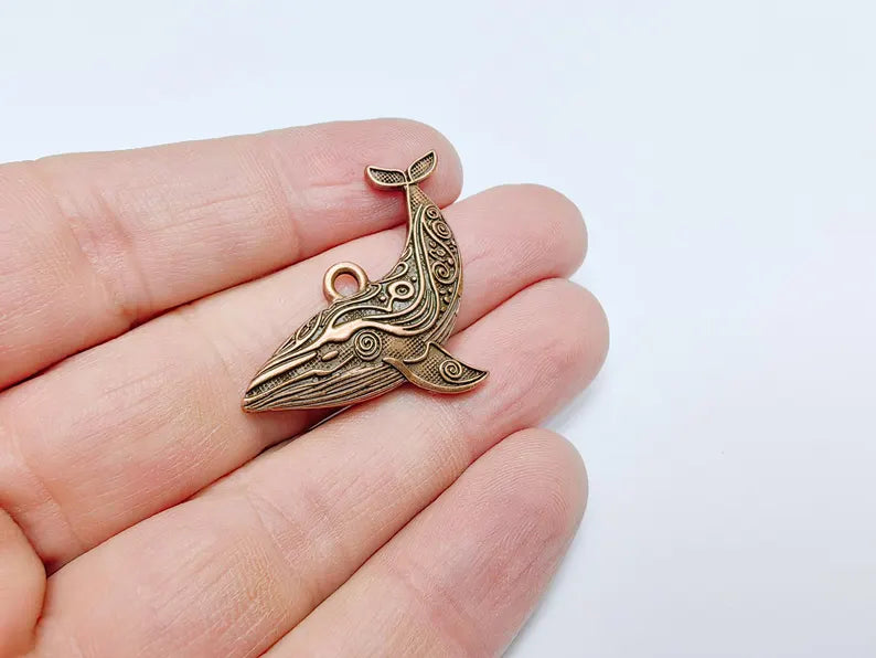 Whale Charm, Whale Pendant, Nautical Boho Charm, Earring Charms, Ocean Dangle Pendant, Mystic Whale, Antique Copper Plated 40x24mm G36667