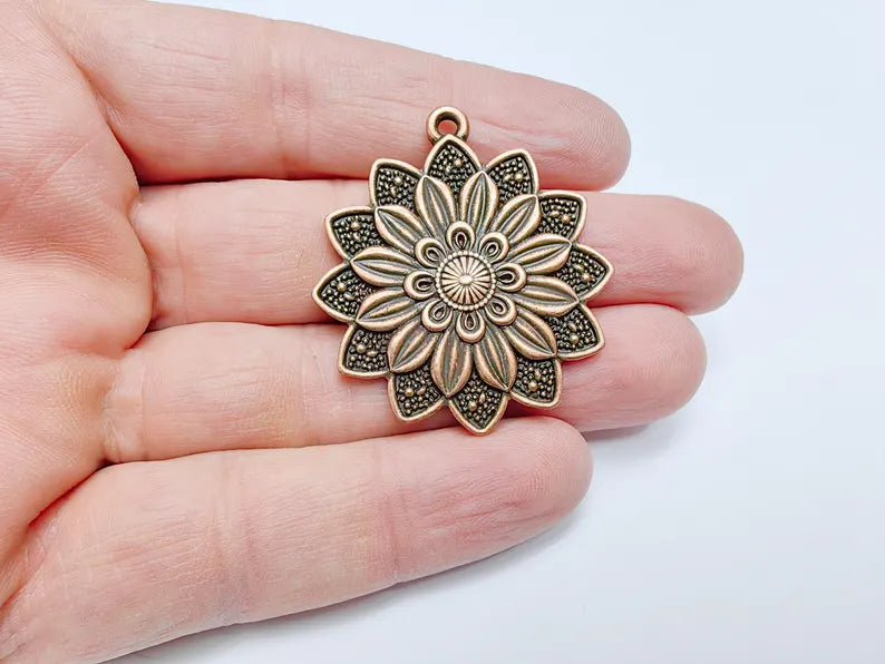 Flower Pendant Charm, Bohemian Flower Pendant, Locket Pendant, Earring Charms, Antique Copper Plated 43x38mm G36668