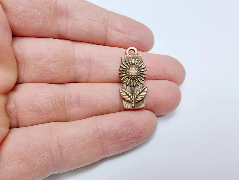 2 Flower Charms, Floral Pendant, Herb Earring Charms, Sunflower Dangle Pendant, Necklace Part, Antique Copper Plated 28x12mm G36669