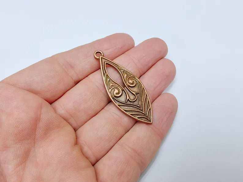 Elegant Scrollwork Pendant, Boho Charms, Earring Charms, Copper Dangle Pendant, Necklace Parts, Antique Copper Plated 51x20mm G36670