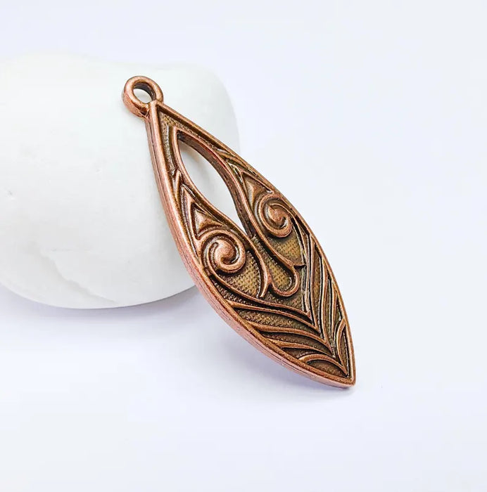 Elegant Scrollwork Pendant, Boho Charms, Earring Charms, Copper Dangle Pendant, Necklace Parts, Antique Copper Plated 51x20mm G36670