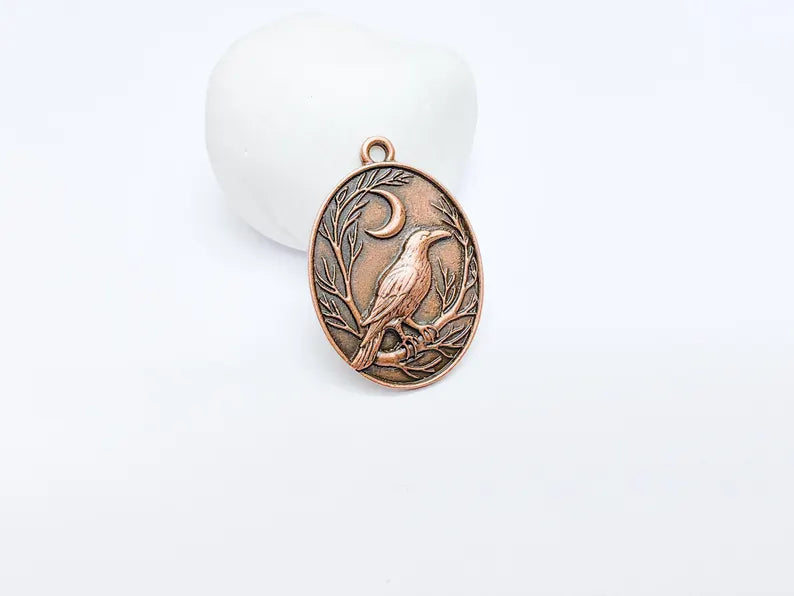 Raven and Moon Charm Pendant, Gothic Boho Charm, Nature Earring Charm, Mystical Bird, Necklace Parts, Antique Copper Plated 40x28mm G36671