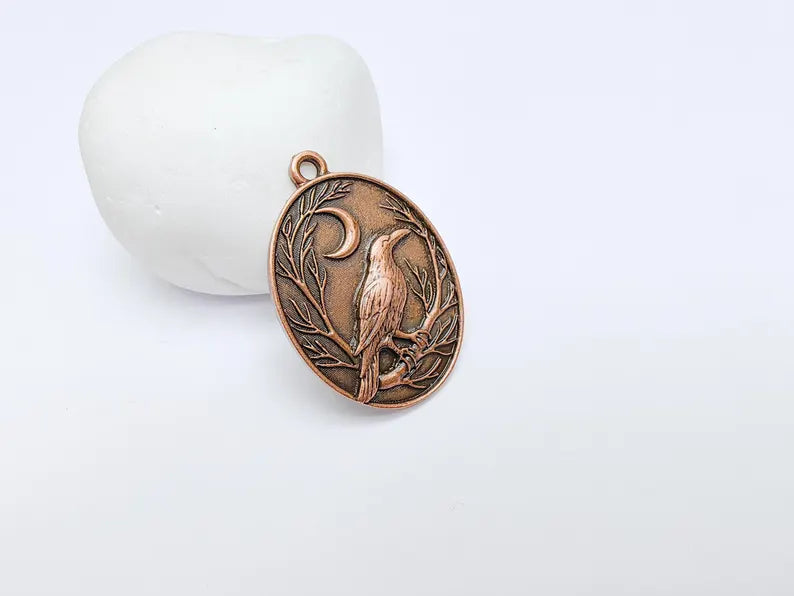 Raven and Moon Charm Pendant, Gothic Boho Charm, Nature Earring Charm, Mystical Bird, Necklace Parts, Antique Copper Plated 40x28mm G36671