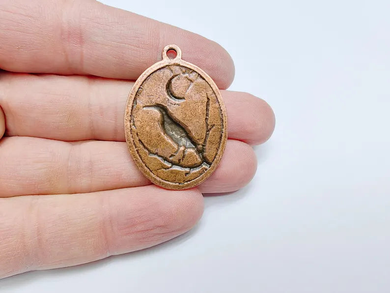 Raven and Moon Charm Pendant, Gothic Boho Charm, Nature Earring Charm, Mystical Bird, Necklace Parts, Antique Copper Plated 40x28mm G36671