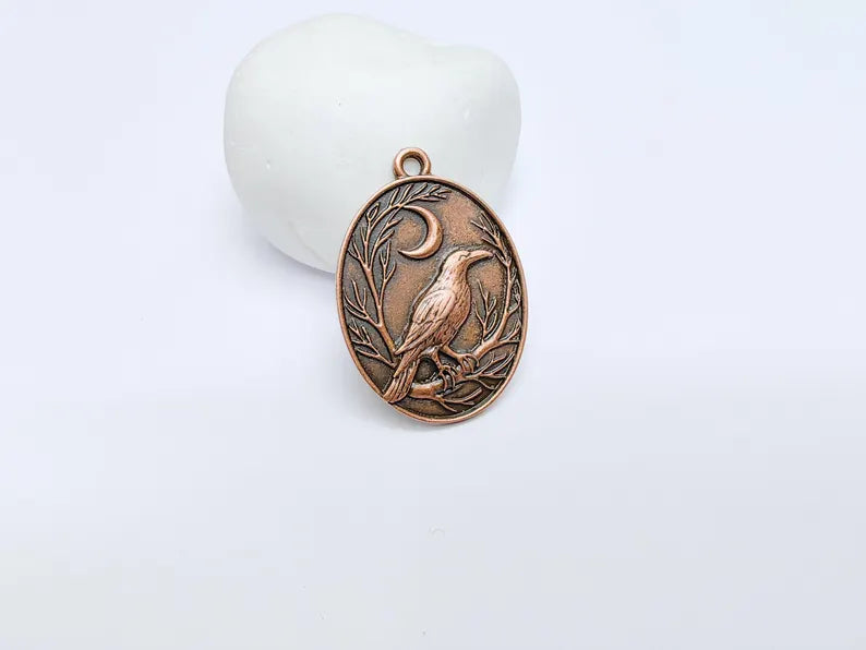 Raven and Moon Charm Pendant, Gothic Boho Charm, Nature Earring Charm, Mystical Bird, Necklace Parts, Antique Copper Plated 40x28mm G36671