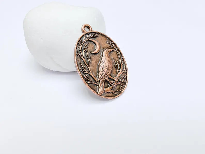 Raven and Moon Charm Pendant, Gothic Boho Charm, Nature Earring Charm, Mystical Bird, Necklace Parts, Antique Copper Plated 40x28mm G36671