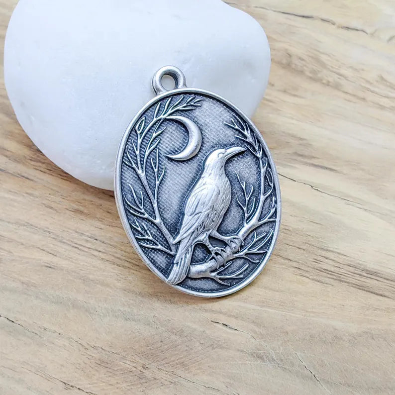 Raven and Moon Charm Pendant, Gothic Boho Charm, Nature Earring Charm, Mystical Bird, Necklace Parts, Antique Silver Plated 40x28mm G36609
