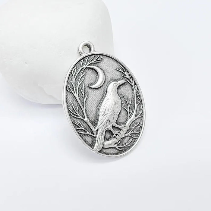 Raven and Moon Charm Pendant, Gothic Boho Charm, Nature Earring Charm, Mystical Bird, Necklace Parts, Antique Silver Plated 40x28mm G36609