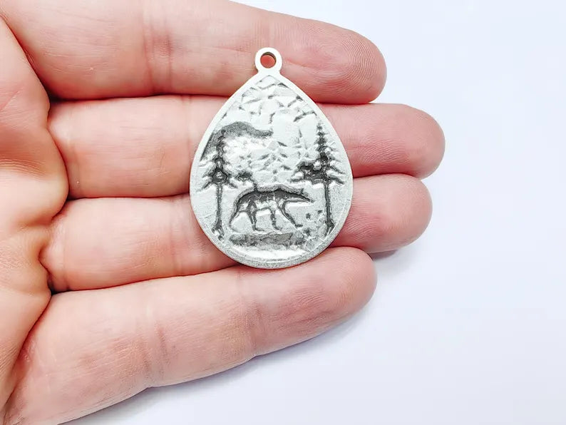 Bear and Forest Pendant Charm, Boho Charm, Nature Earring Charm, Wild Nature Necklace Parts, Antique Silver Plated 42x31mm G36610